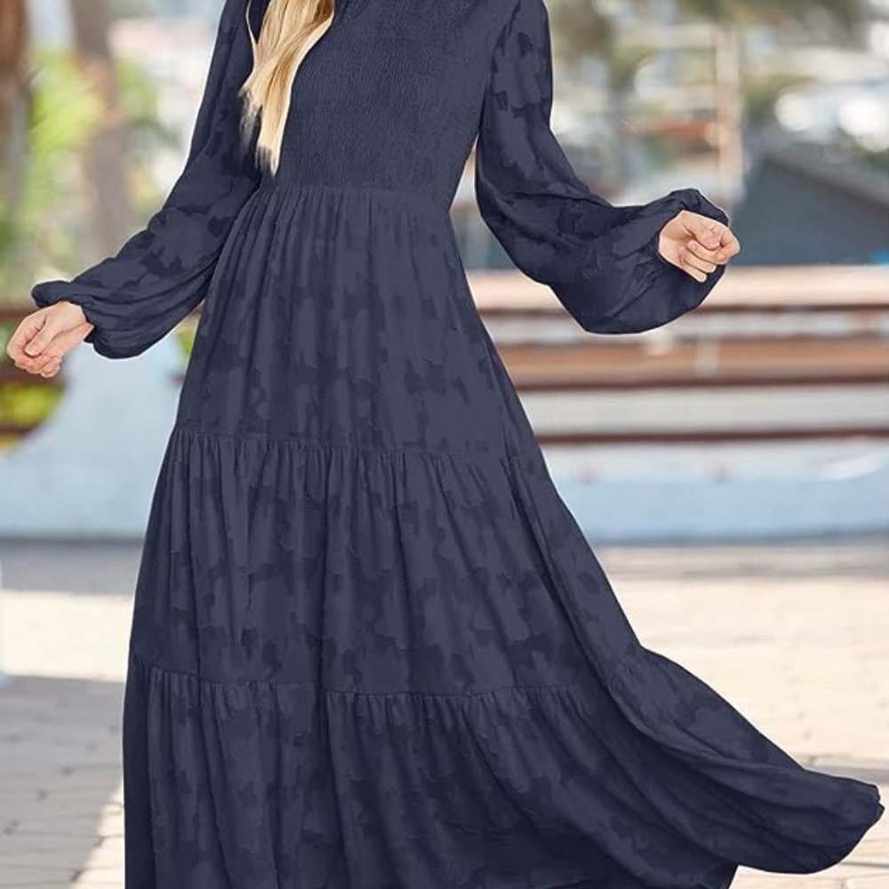 MITILLY Women's Elegant Floral Long Sleeve Round Neck Smocked A-Line Flowy Tiere